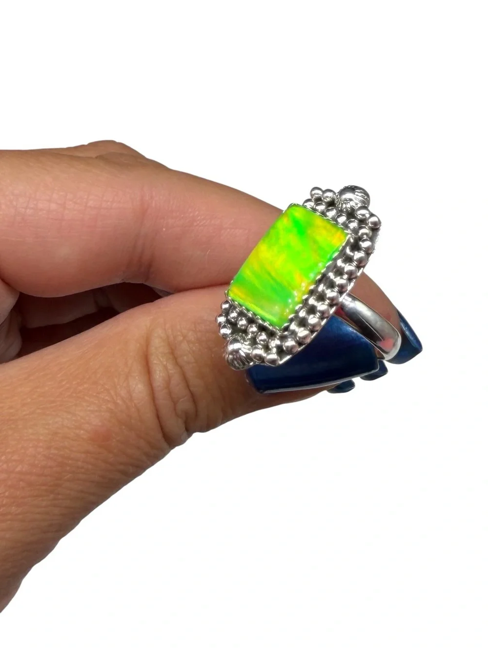 Aurora Fire Opal Ring Size 8 Solid 925 Sterling Silver Aura Lime Green
